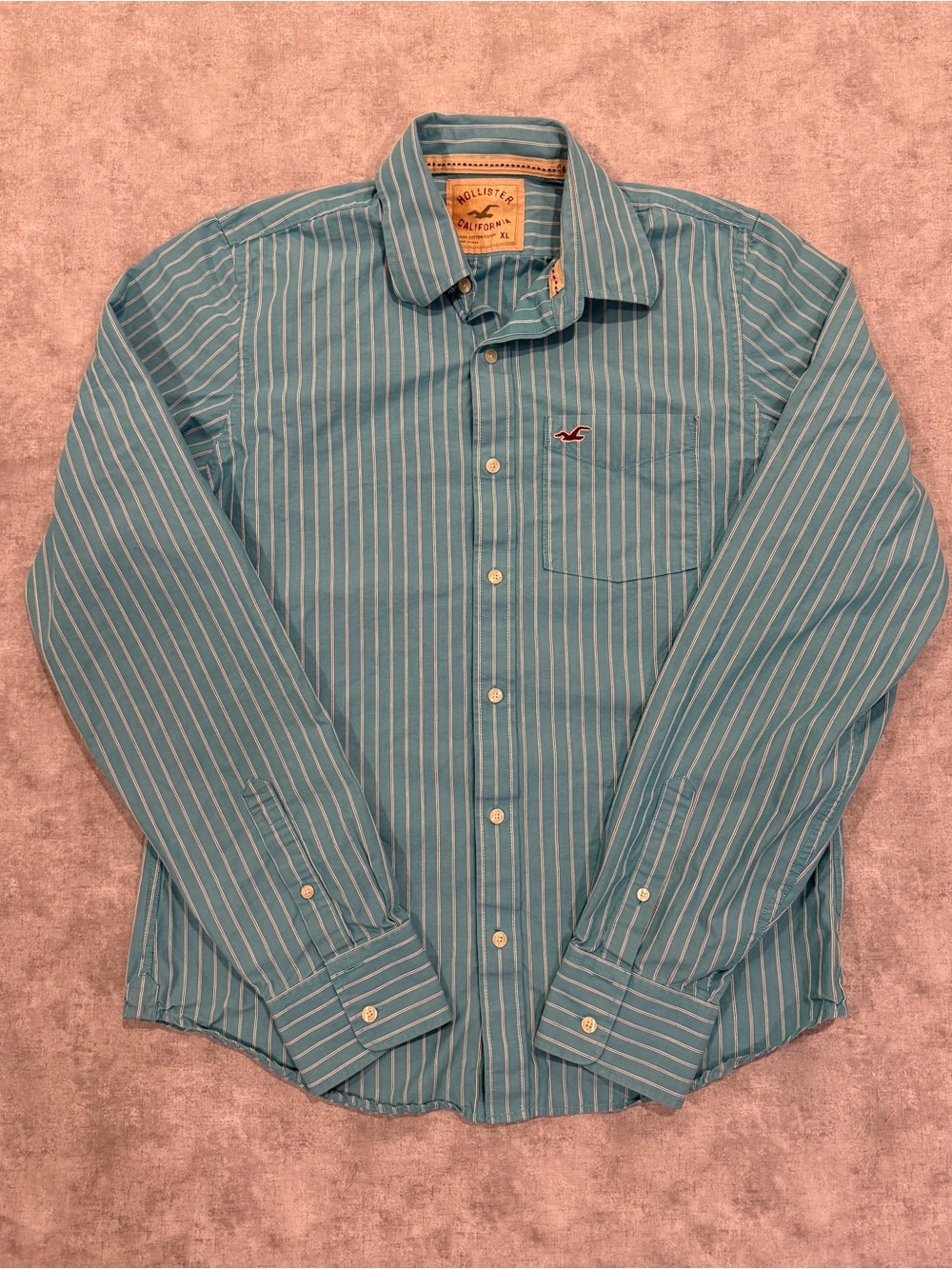 Vintage Y2K Hollister Men's Teal Stripe Button-Down Shirt